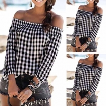 Sexy Off-shoulder Boat Neck 3/4 Sleeve Plaid Top 