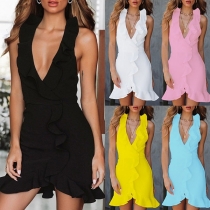 Sexy Backless Deep V-neck Ruffle Hem Halter Dress
