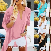 Fashion Solid Color Short Sleeve V-neck High-low Hem Top 