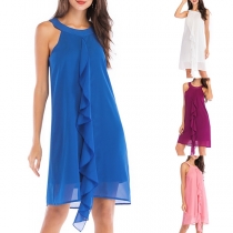 Fashion Solid Color Sleeveless Round Neck Ruffle Chiffon Dress