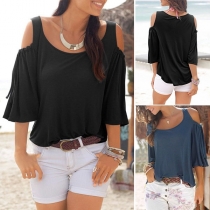 Sexy Off-shoulder Half Sleeve Solid Color T-shirt 