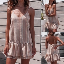 Sexy Backless V-neck Ruffle Hem Sling Striped Dress
