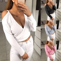 Sexy Off-shoulder Long Sleeve Deep V-neck Solid Color Top 