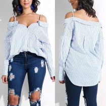 Sexy Off-the-shoulder High-low Hem Long Sleeve Stripe Blouse