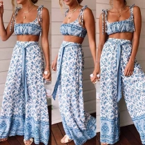 Sexy Crop Cami+ Self-tie High Waist Wide-leg Pants Floral Print Two-piece Set