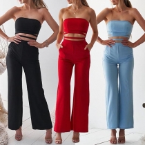 Sexy Backless Solid Color Cutout Wide-leg Tube Jumpsuit