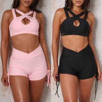 Sexy Solid Color Cutout Crossover Crop Cami+High Waist Short Two Piece Set