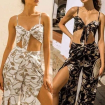 Sexy Floral Print Tie-front Cami Top+High Rise High Split Wide-leg Pants Two-piece Set