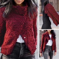 Fashion High Neck Button Front Long Sleeve Thin Fluffy Coat