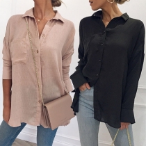 Casual Style Solid Color Button Front Loose Long Sleeve Shirt