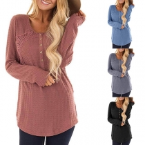 Casual Style Solid Color Mock Button Front Long Sleeve Knit T-shirt