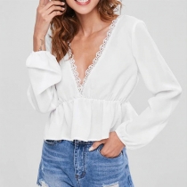 Sexy Lace Trim Deep V-neck Elastic Waist Long Sleeve Top