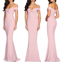 Sexy Off-shoulder Boat Neck Solid Color Party Dress