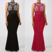 Sexy See-through Gauze Spliced Sleeveless Rhinestone Dress