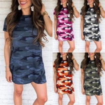 Fashion Camouflage Printed Short Sleeve Round Neck T-shirt Dress