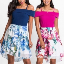 Sexy Off-shoulder Printed Spliced Hem Sling Dress