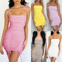 Sexy Backless Solid Color Slim Fit Wrinkled Sling Dress