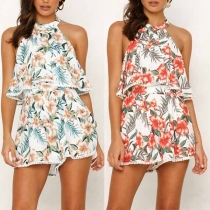 Sexy Backless High Waist Halter Printed Romper 