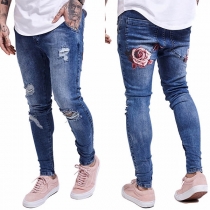 Fashion Rose Embroidered Ripped Slim Fit Jeans 