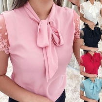 Fashion Lace Spliced Short Sleeve Lace-up Chiffon Top 