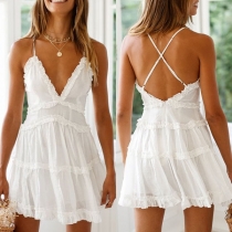 Sexy Backless Deep V-neck Solid Color Ruffle Sling Dress