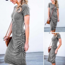Fashion Solid Color Short Sleeve Side-wrinkled Dress