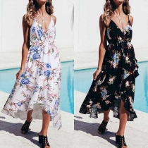 Sexy Backless V-neck Irregular Hem Printed Sling Dress
