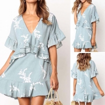 Sexy V-neck Lotus Sleeve Ruffle Hem Printed Dress