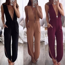 Sexy Backless Deep V-neck Slit Hem Solid Color Jumpsuit 