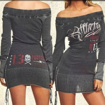 Sexy Off-shoulder Boat Neck Letters Printed Slim Fit Dress