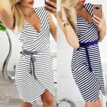 Sexy V-neck Irregular Hem Self-tie Stripe Sleeveless Dress  