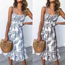 Sexy Backless Ruffle Hem Printed Sling Dress