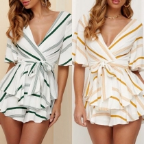 Sexy Backless Deep V-neck Short Sleeve Striped Romper 