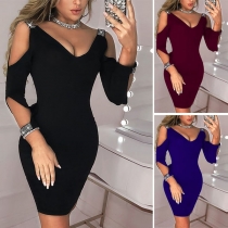 Sexy Off-shoulder V-neck Solid Color Bodycon Dress