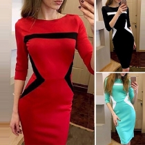 Fashion Round Neck Contrast Color Spliced 3/4 Sleeve Slim-fit Dress