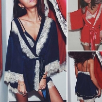 Sexy V-neck Loose Cami Top+High Waist Shorts+Open Front Cardigan Lace Spliced Sleep Wear Set 3cs/Set