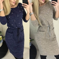 Casual Style Round Neck Bead Spliced Self-tie Long Sleeve Dress