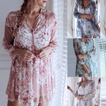 Fashion Long Sleeve V-neck Printed Chiffon Dress