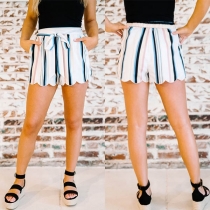 Fashion High Waist Lace-up Striped Wide-leg Shorts 