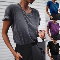 Simple Style Short Sleeve Round Neck Ripped T-shirt 