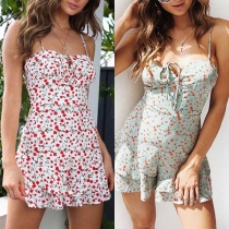 Sexy Backless Ruffle Hem Printed Sling Romper 