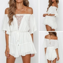 Sexy Off-shoulder Boat Neck Short Sleeve Solid Color Romper 