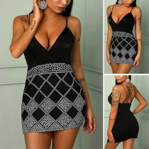 Sexy Backless V-neck Rhinestone Spliced Slim Fit Sling Dress
