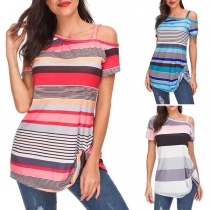 Sexy Off-shoulder Short Sleeve Twisted Hem Striped T-shirt 