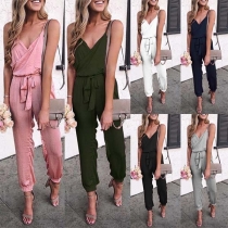 Sexy Backless V-neck Solid Color Sling Jumpsuit 