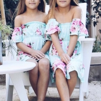 Sexy Off-shoulder Boat Neck Printed Parent-child Dress