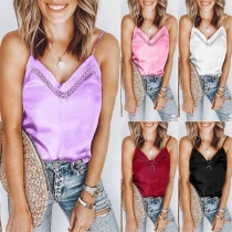 Sexy Backless V-neck Lace Spliced Solid Color Cami Top 