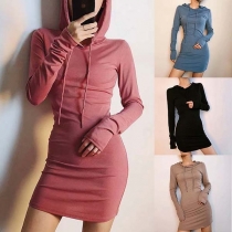 Fashion Solid Color Long Sleeve Hooded Sweatshirt Dress