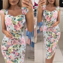 Sweet Style Short Sleeve Square Collar Slim Fit Printed Dress