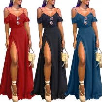 Sexy Backless Off-shoulder Slit Hem Solid Color Sling Dress